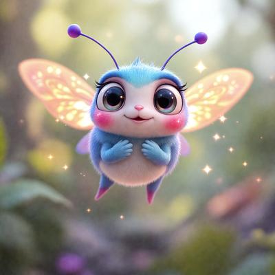 The primary subject of the image is a small, cute, and colorful butterfly. The butterfly is flying in the air, surrounded by a lush green forest. The visual style of the image is a digital art or illustration, with the butterfly being the main focus of the scene. The colors and mood of the image are vibrant and cheerful, with the butterfly being the central point of interest.